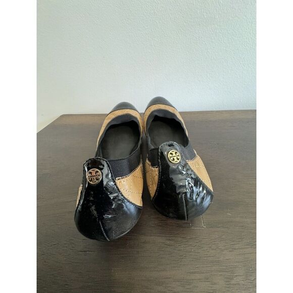 Tory Burch Bridgette Honeywheat Black Leather Quilted Cap Toe Ballet Flats 8.5 M - Picture 3 of 5